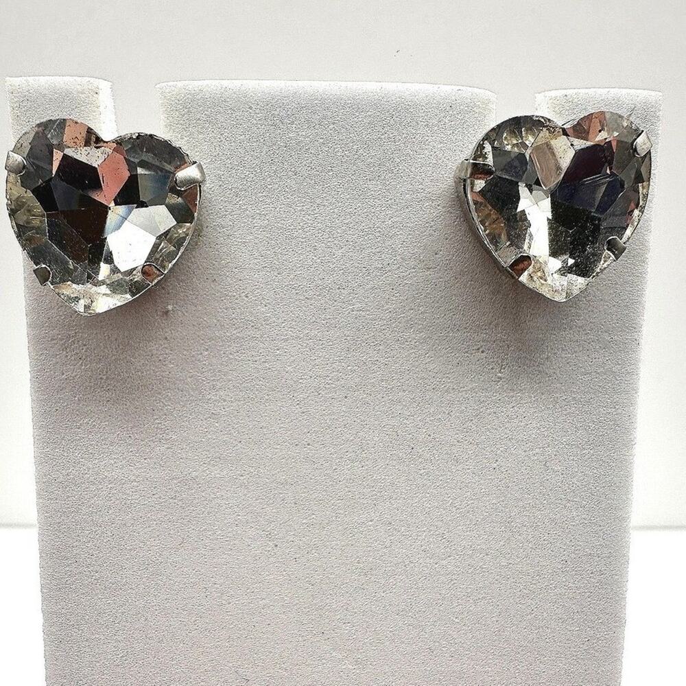 Vintage 90s Silver Tone Large Clear Heart Glass Stud Earrings Retro Jewelry